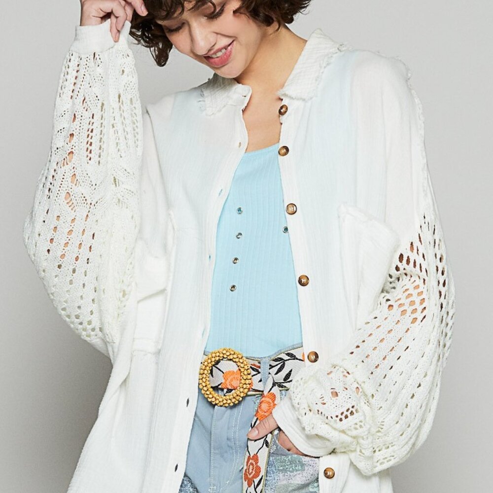 POL Openwork Lantern Sleeve Button Down Gauze Shirt